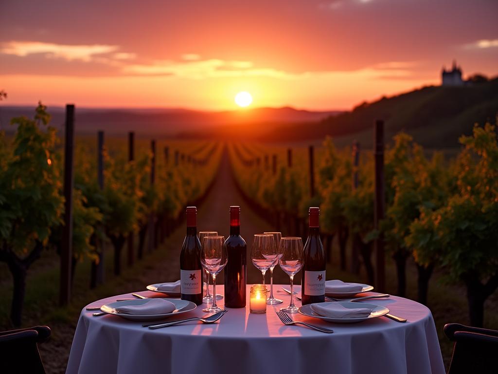 Couple profitant d'un dîner privé exclusif dans un vignoble au coucher du soleil.