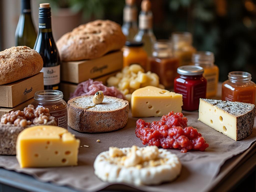 Sélection de produits rares et d'épicerie fine sur un étal de marché.